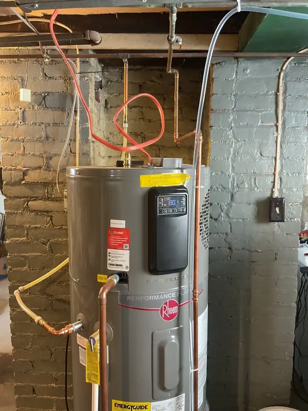 Rheem ProTerra hybrid water heater installed in a Pittsburgh, PA basement