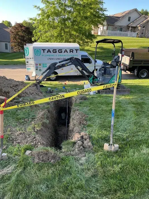 Service truck beside a water line replacement excavation in Cranberry Township, PA